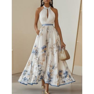 Europäisch-Amerikanisches Damenkleid, V-Ausschnitt Ärmellos Plissiertes Langes Kleid, Digitaldruck Lässiges Sommerkleid