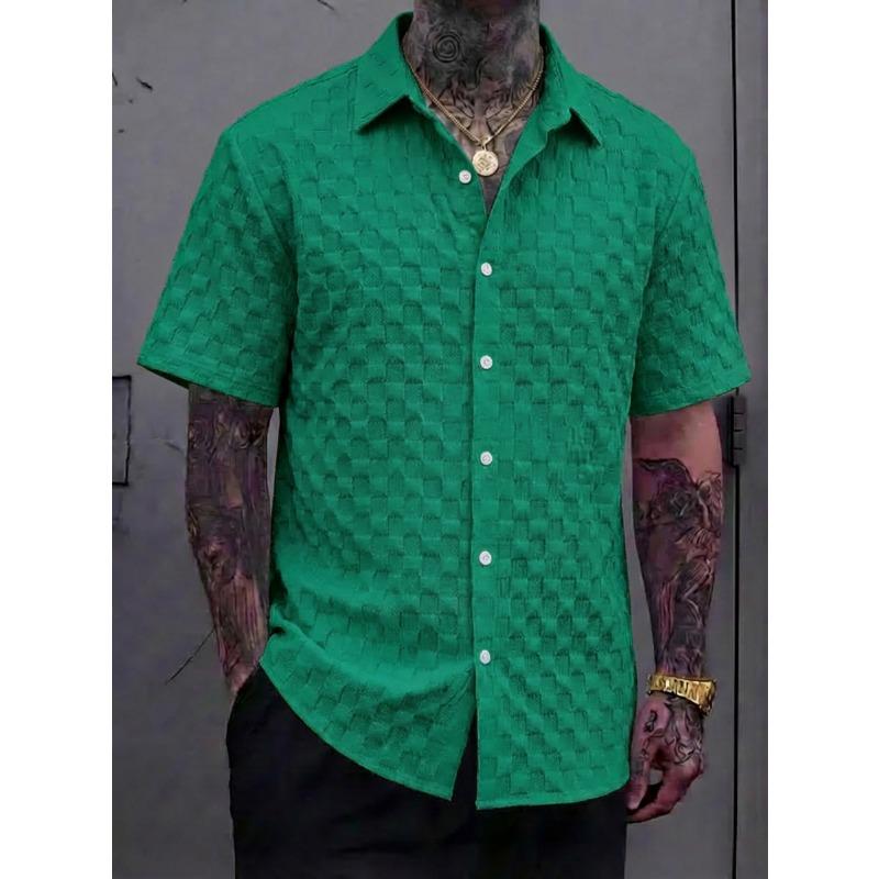 Mens Jacquard Short Sleeve Lapel Casual Check Fashion Shirt