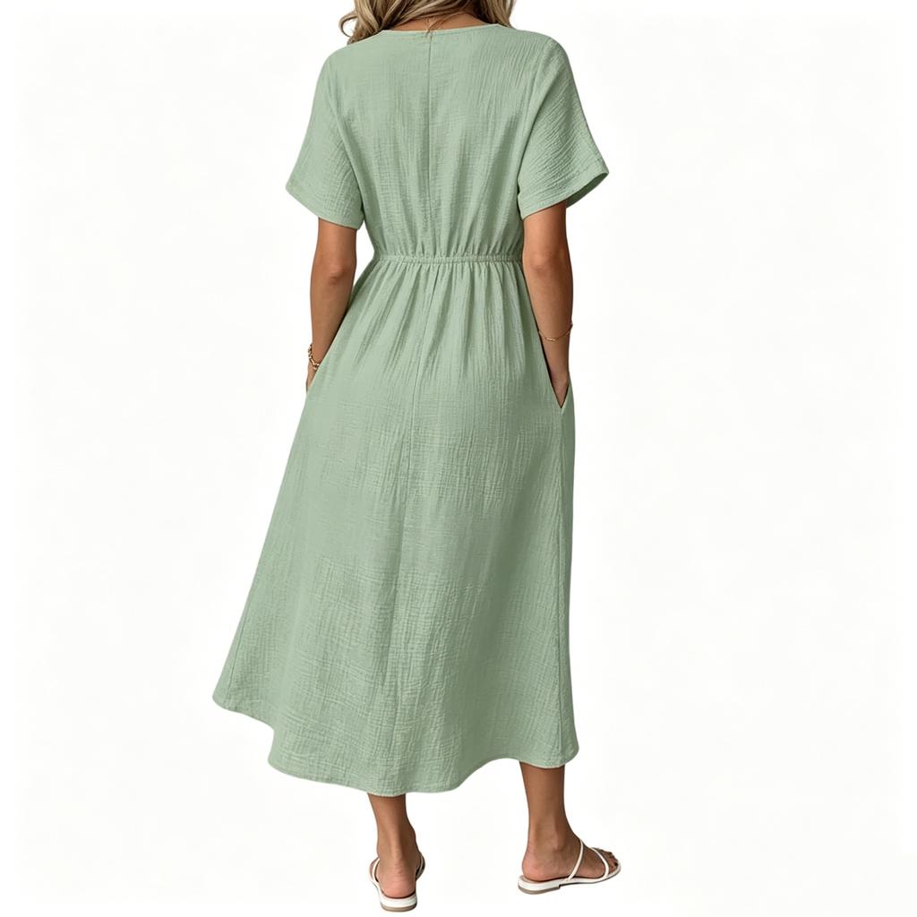 Women's Casual Loose Fit V Neck Tie Front Midi Dress Lightweight Comfortable Long Dress with Short Sleeves and Pockets for Everyday Wear