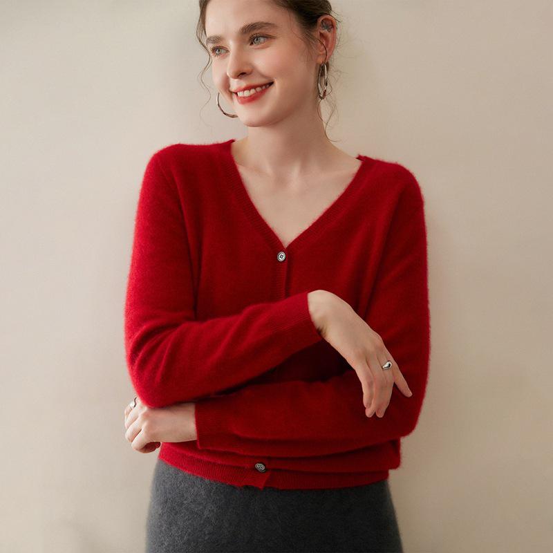 Women's V-neck Pure Cashmere Knit Cardigan - Soft & Fluffy Autumn/Winter Layer