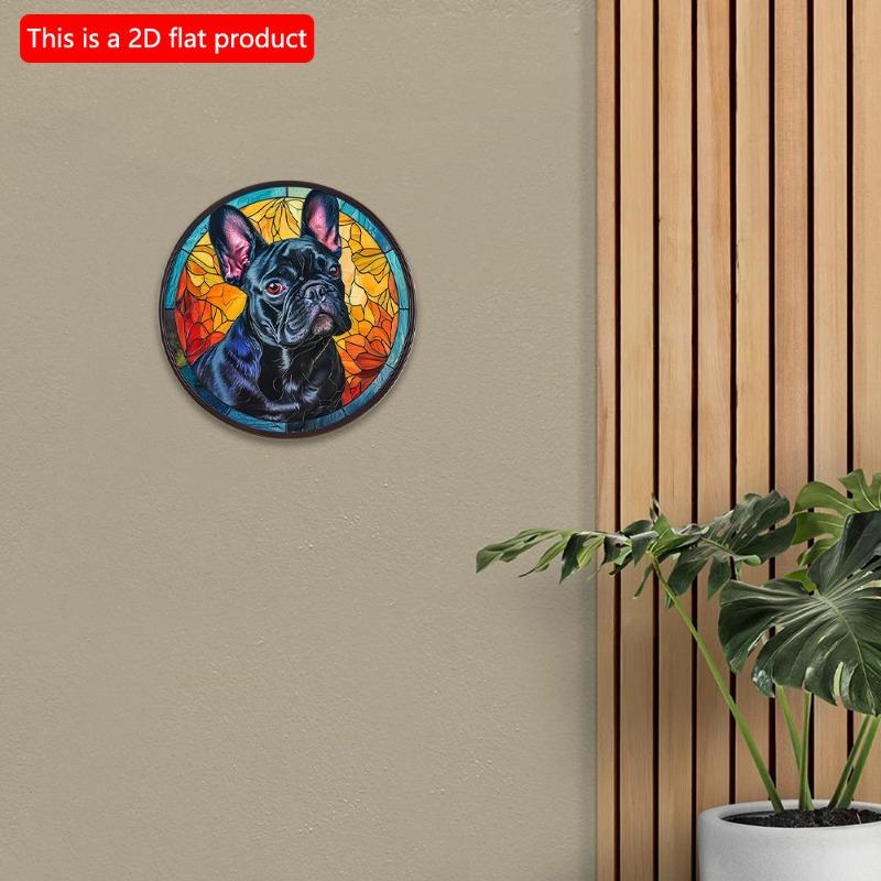 2d Flat 20*20cm, Dog Round Wooden Sign, Animal French Bulldog Wreath Sign, Round Wreath Sign, for Home, Kitchen, Garden, Bedroom, Bar Decoration.