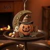 Retro Rustic Tiered Tray Decor Halloween Pumpkin Witch Cat Ghost Figurines with Crescent Base, Spooky Collectible Gift for Enthusiasts Wooden Tabletop