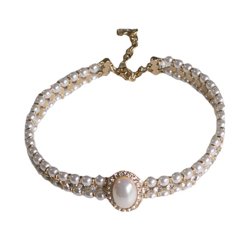 Diamond-Studded Baroque Pearl Double-Layer Necklace - Women's French Retro Clavicle Chain, High-End Fashion Jewelry.