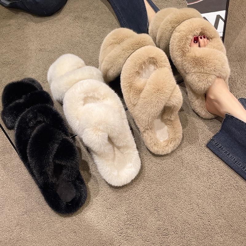 2025 autumn and winter new Internet celebrity high-end plush slippers women wear home thick bottom large size cross cotton slippers
