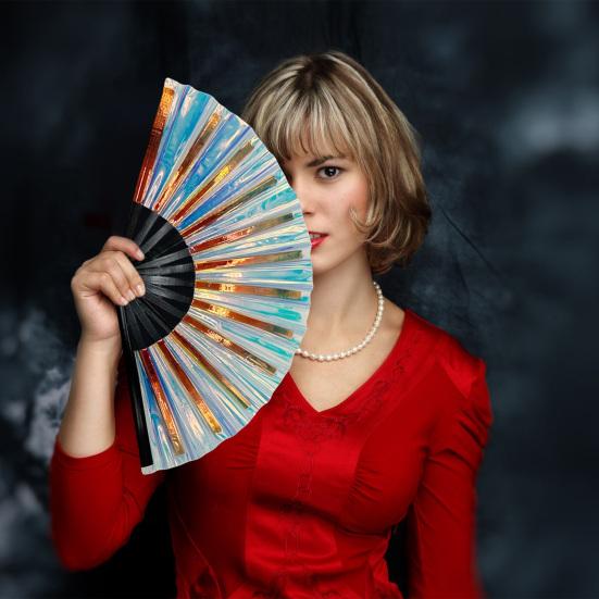 Yousheng Colorful Kung Fu Fan Holographic Foldable PVC Fan Ergonomic Handle Smooth Opening Closing Performance Fan Folk Craft Fan