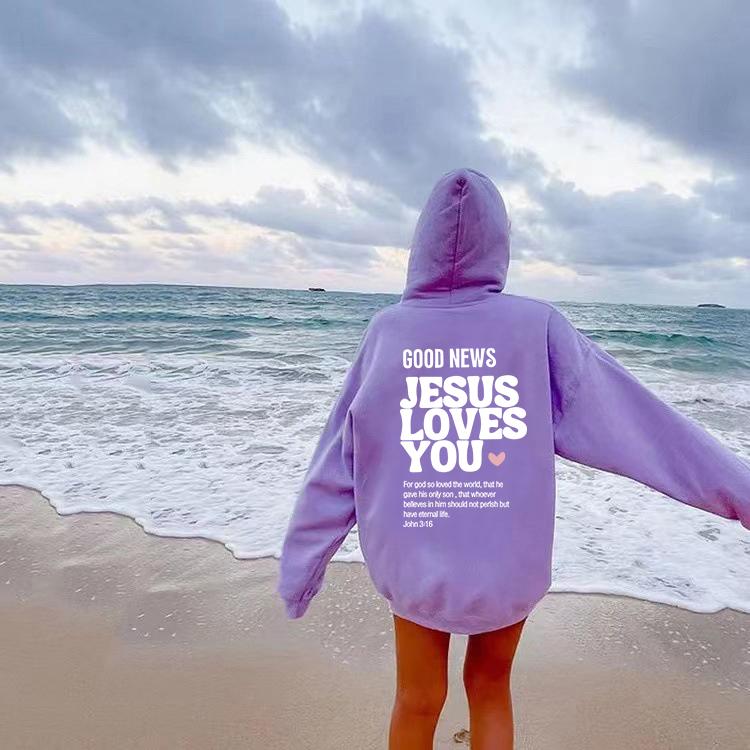 

Толстовка с капюшоном Good News Jesus Loves You Христианская толстовка с капюшоном Jesus Trendy Hoodie Рубашка с библейским стихом Унисекс Эстетическая одежда S лавандовый