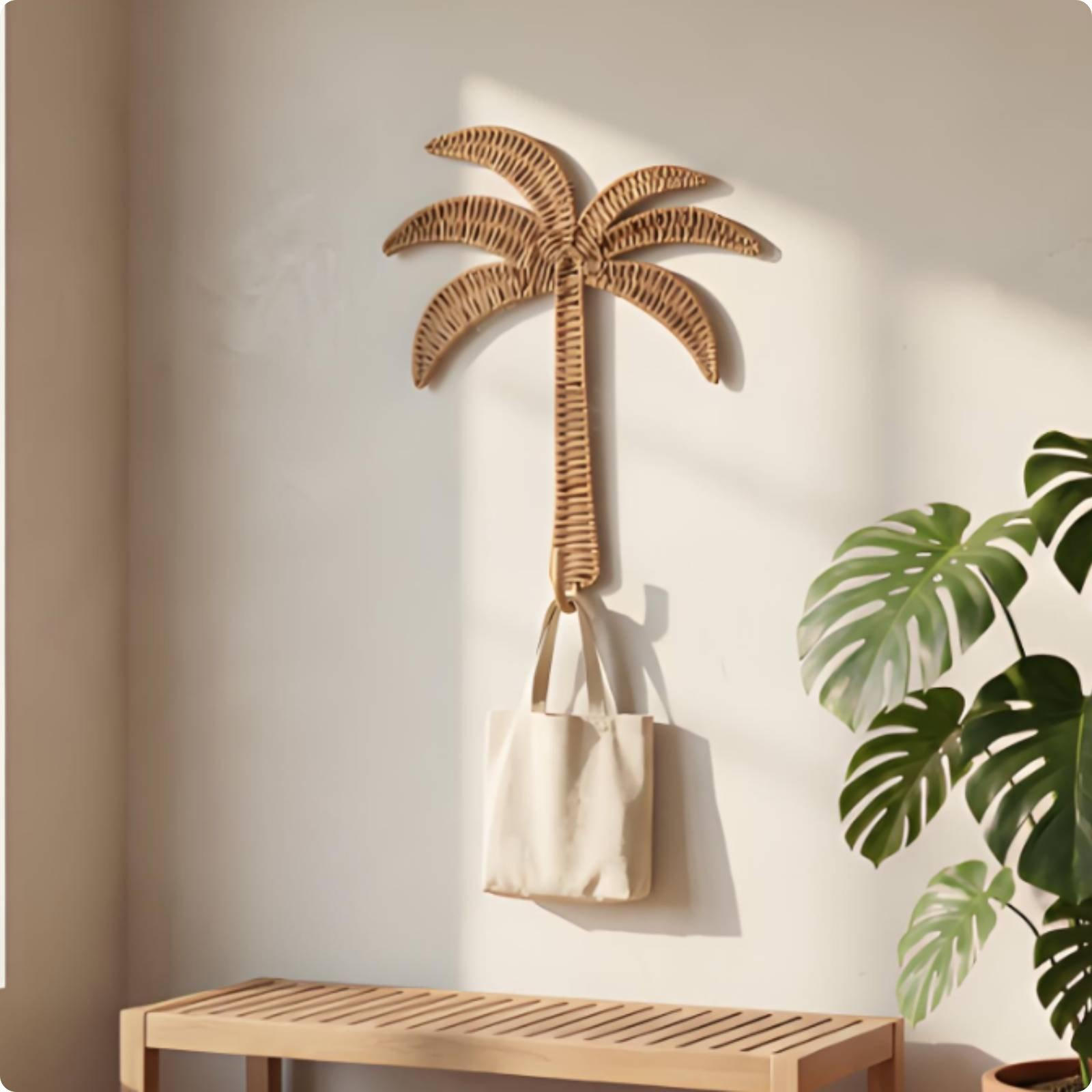 Rattan Palmen Wandregal Handgefertigter Baumhaken Dekorative Wohnkultur für Eingangsbereich, Flur, white