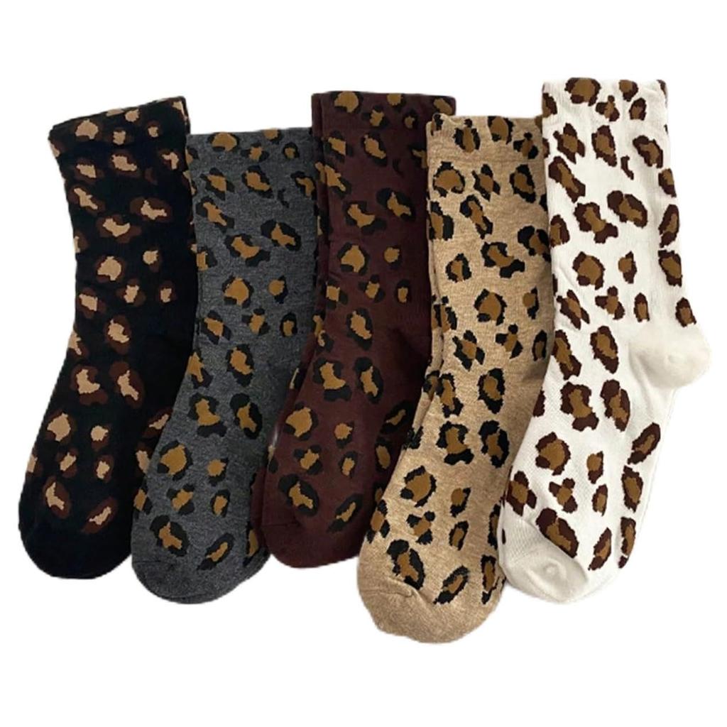 5 Pairs Thermal Crew Socks for Women, Leopard Print Cotton Cozy Quarter Socks Warm Neutral Ankle Socks for Women