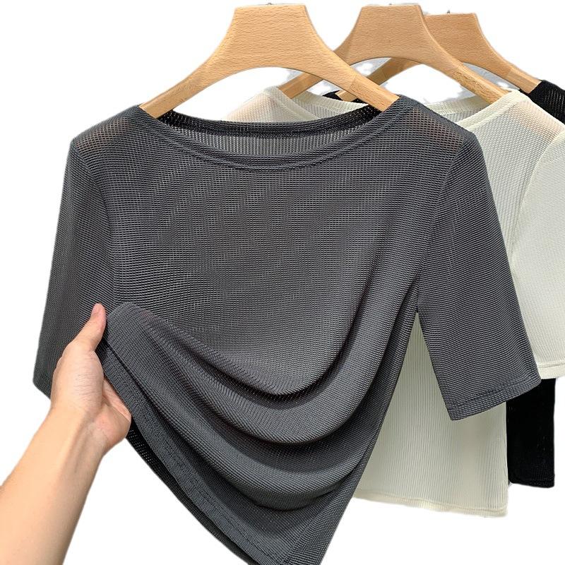 

Middle Sleeve T-shirt Womens Latest Womens One-shoulder Mesh T-shirt One Tone Waist-closing Top 3XL сірий