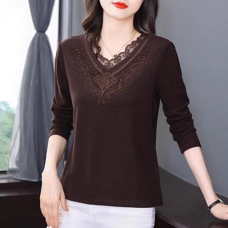 Women's Autumn Long-sleeved V-neck Lace Mom T-shirt Warm Inner Bottoming Shirt