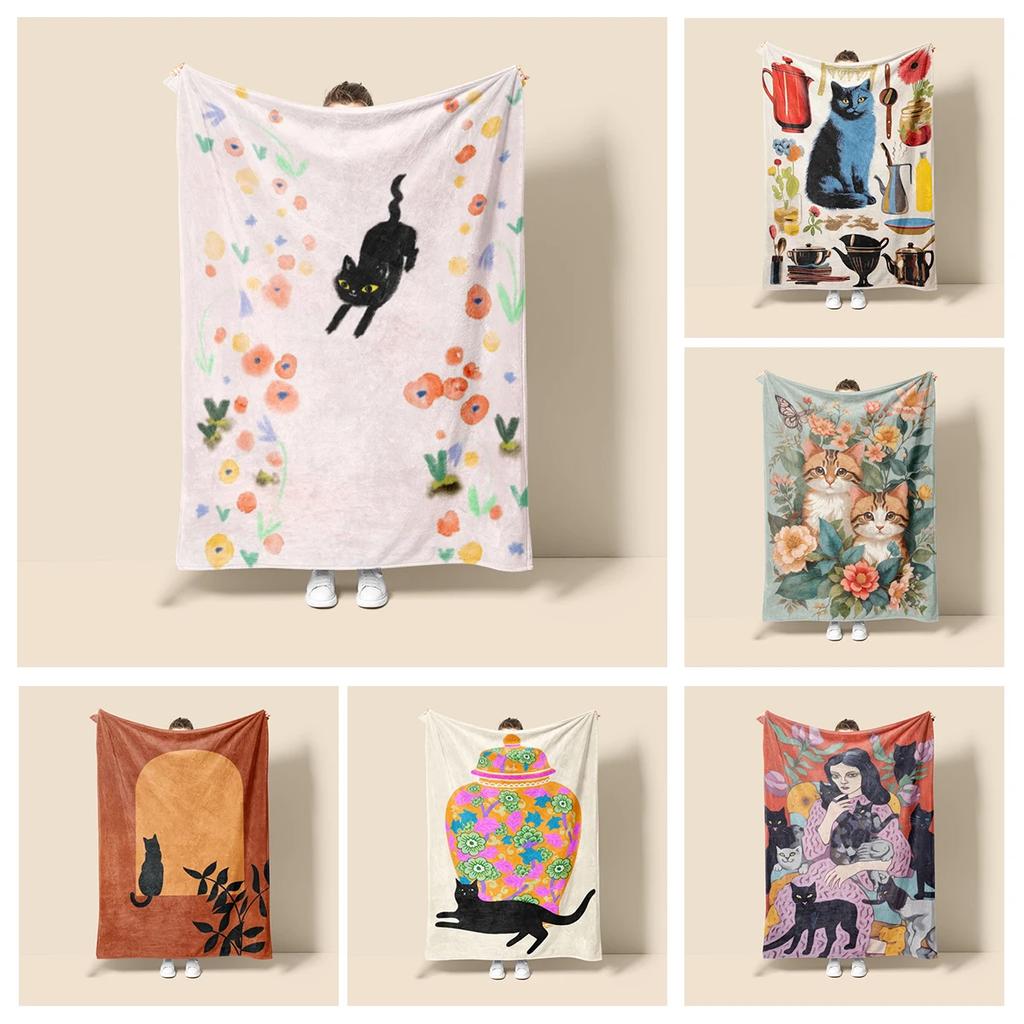 Home Decoration Plush Throw Sofa Blanket Anime Animals Bedspread On the Bed Fluffy Soft Blankets Decor Plaid Modern Cat Black