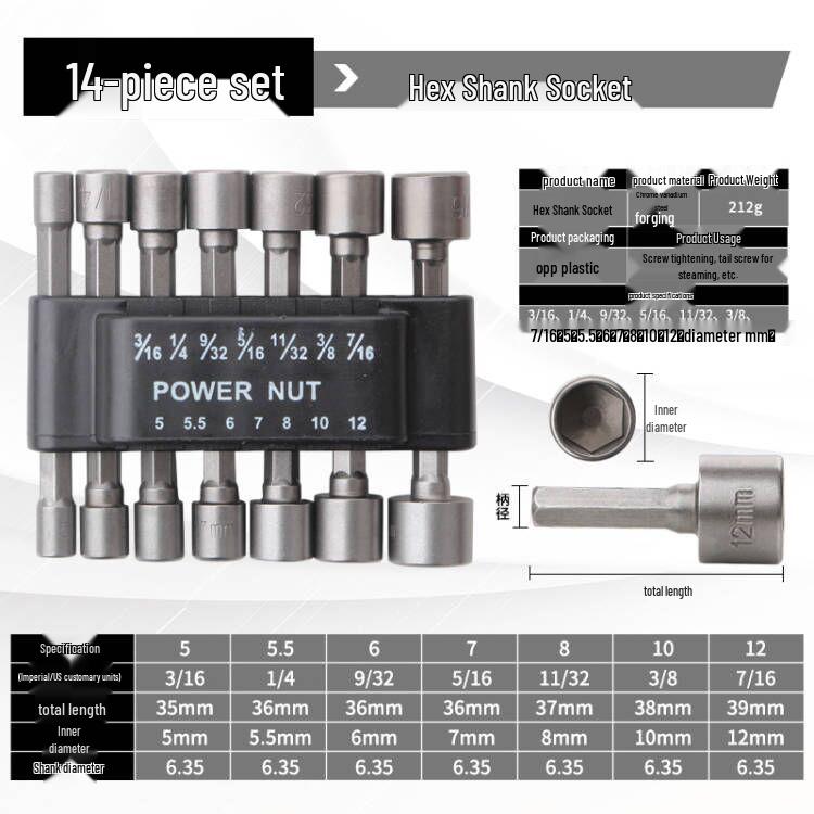 14-Piece Hex Socket & Electric Screwdriver Bit Set for Self-Tapping Screws