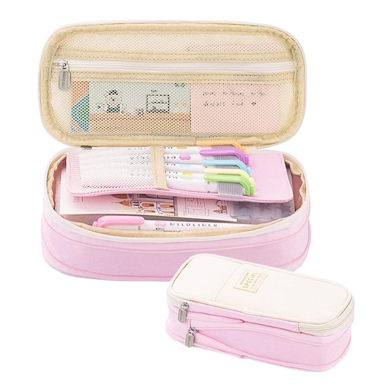 Cute Canvas Pencil Case Student Color Block Stationery Storage Bag Multifunctional Large Capacity Pen Bag Organizer Pouch