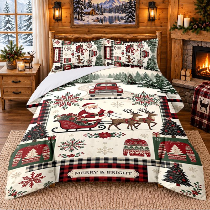 Christmas 3Pcs Bedding Set 1 Bed Sheet 2 Pillowcases Printed Bedroom Bedding Holiday Gift