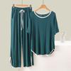Women's Plus Size Summer Two-Piece Set: Solid Color Round Neck Short Sleeve Top & Long Pants for Homewear, Loose Fit, Lightweight
