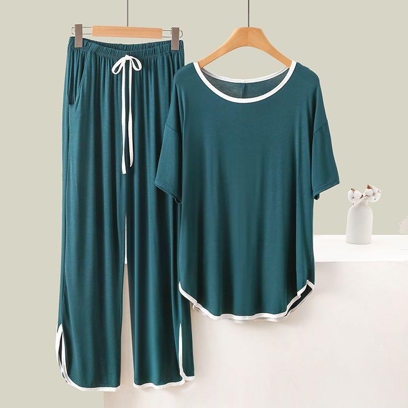 Women's Plus Size Summer Two-Piece Set: Solid Color Round Neck Short Sleeve Top & Long Pants for Homewear, Loose Fit, Lightweight