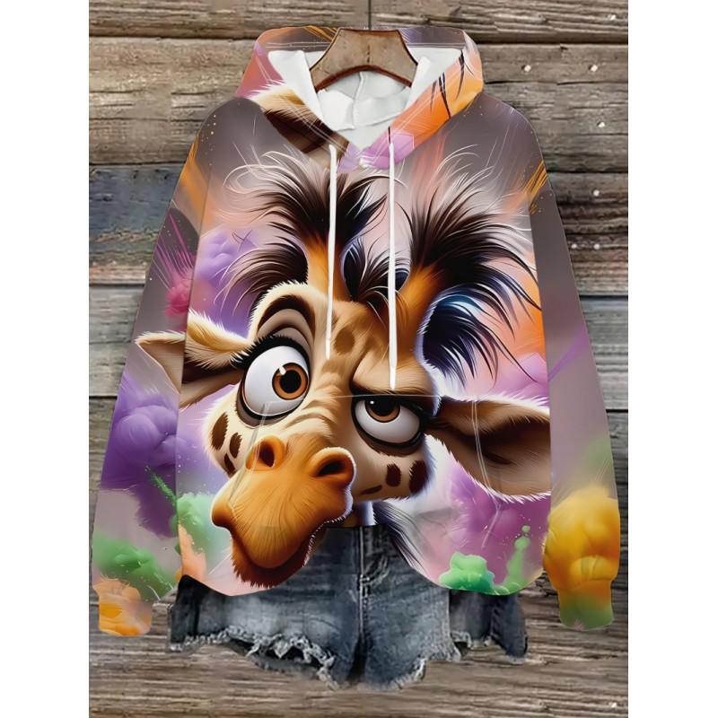 Womens Oversized Hooded Sweatshirt With Cartoon Animal Print Casual Streetwear Top Fall 2025