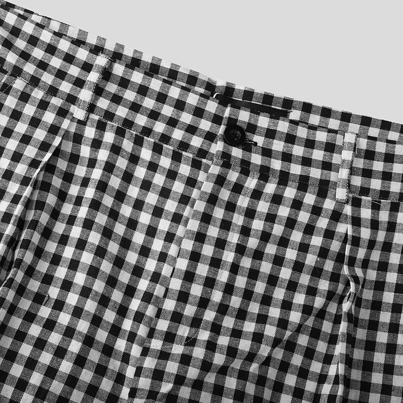 INCERUN Men Zipper  High Waist Plaid Print Casual Loose Straight Capri Pants