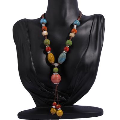 Women Ceramic Beaded Long Necklace Antique Sweater Jewelry Accessories