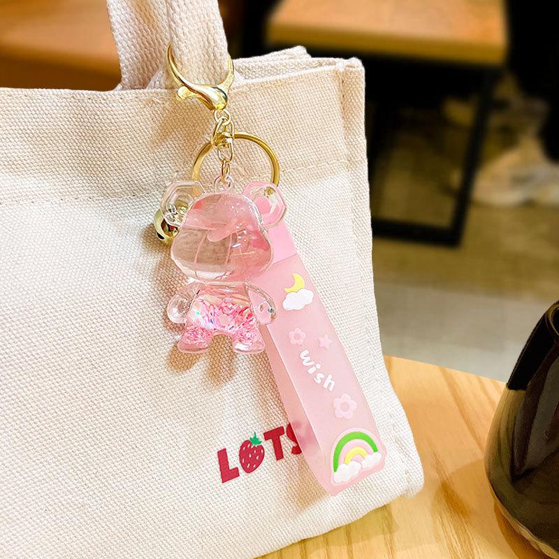 Cartoon Acrylic Oil Quicksand Cherry Blossom Bear Keychain Schoolbag Pendant Couple Car Key Chain Pendant Gift