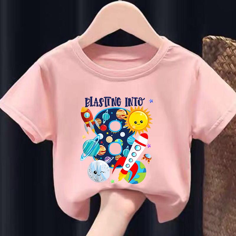 New Boys and Girls Clothing Outer Space Rocket Planet Printed Childrens Tshirt Birthday Round Neck Summer polyester fabric