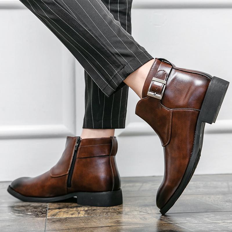 Wniter Trend New Luxury Designer Men Black Brown Belt Buckle Chelsea Ankle Boots Casual High Top Platform Shoes Zapatos Hombre