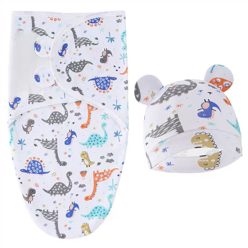 Baby Blanket Hat Set Cartoon Printed Cotton Newborn Swaddle Adjustable Infant Sleeping Swaddle Wraps All Seasons 0-6 Months