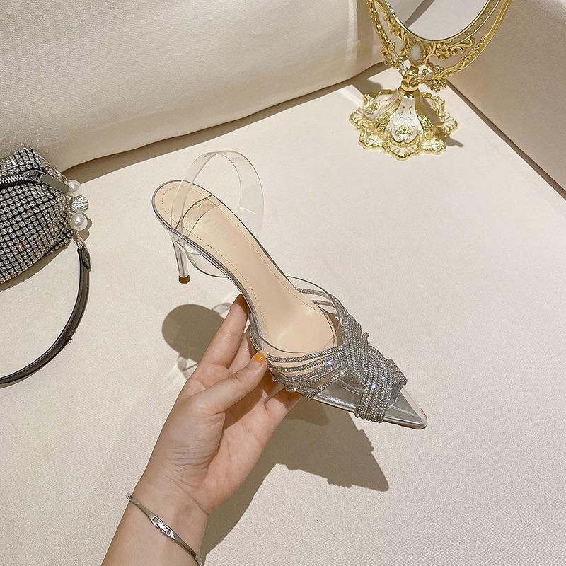 -1 Huizhou women's shoes summer pointed versatile not tired feet sandals rhinestone transparent stilettos