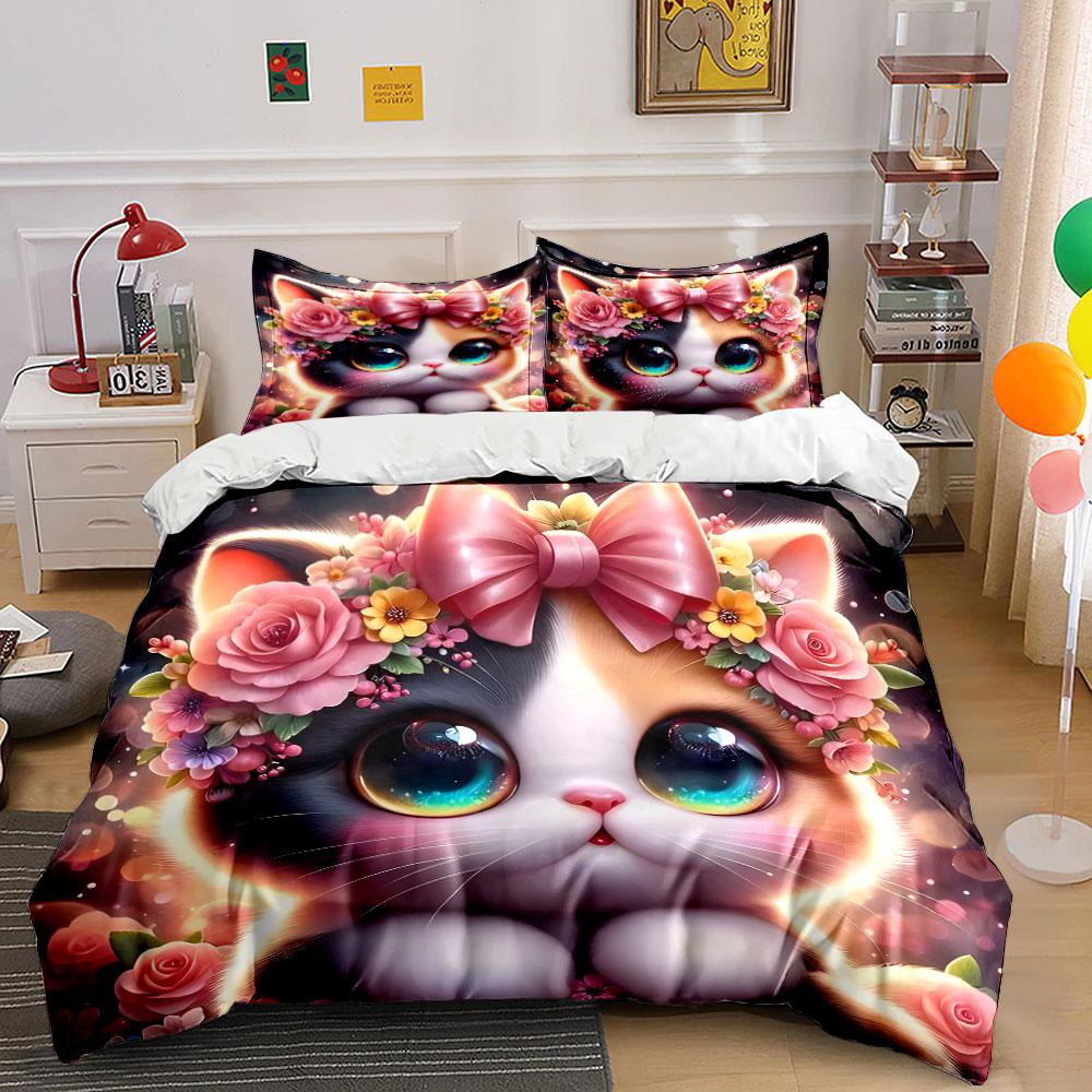 Cute Cat with Floral Crown Bedding Duvet Cover Set (1*Duvet Cover 2*Pillowcases, Without Duvet Insert)