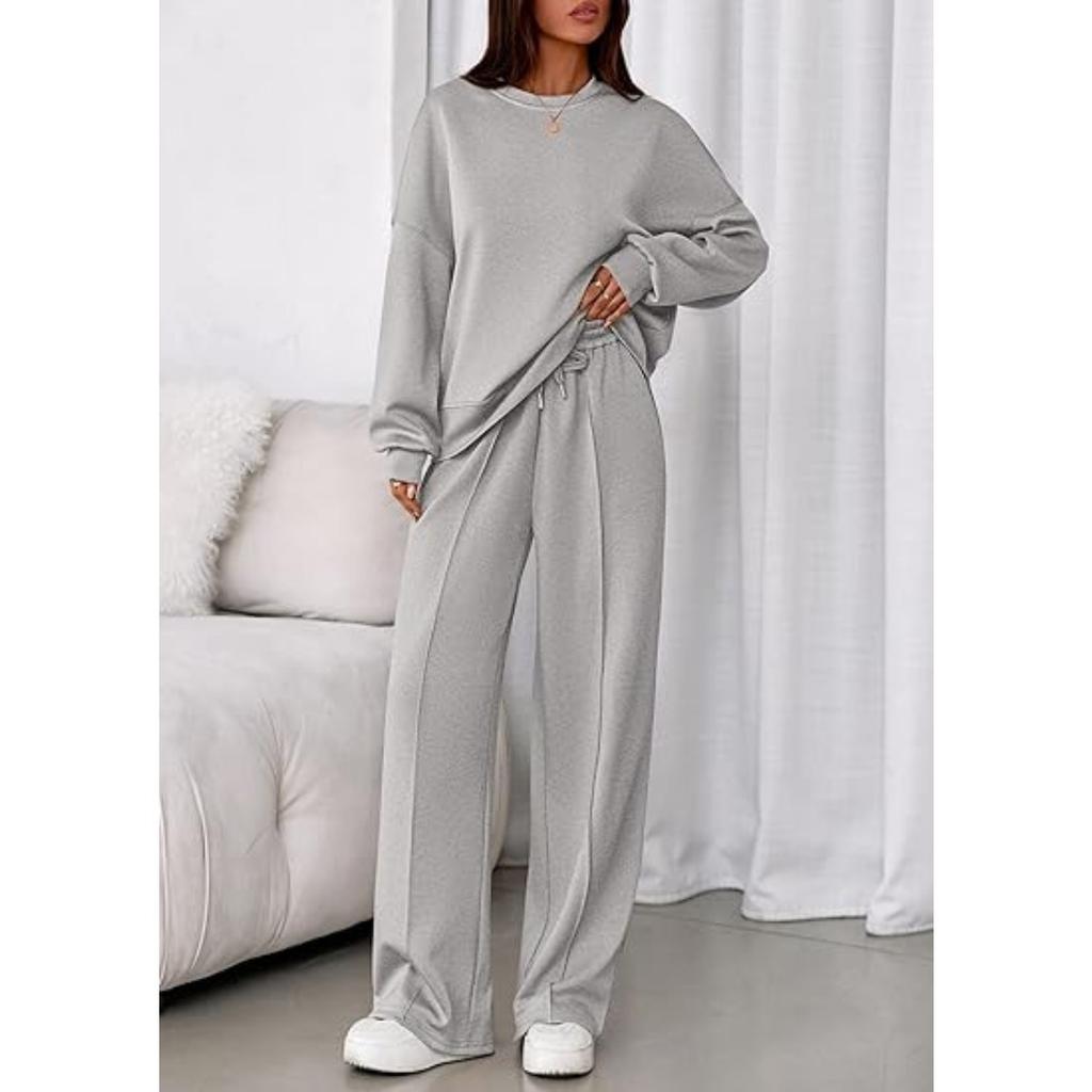Women's Crew Neck Long Sleeve Loose Fit Sweatshirt and Elastic Waist Wide Leg Pants Two Piece Tracksuit