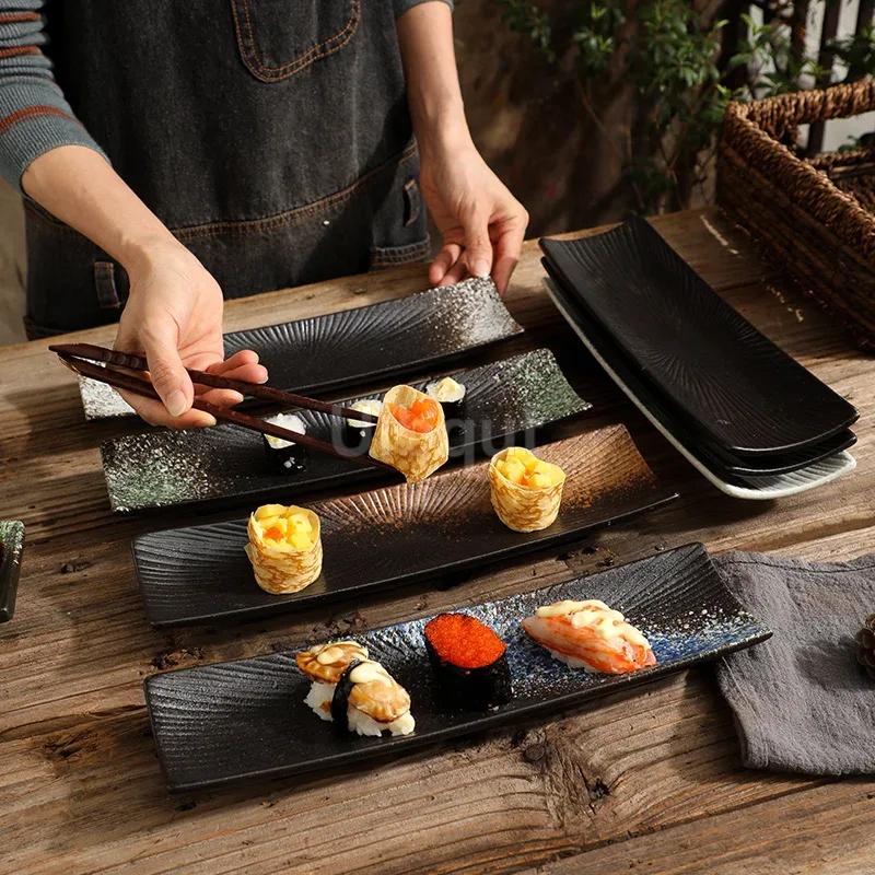 Rechteckiger Sashimi-Teller Kalte Speise Keramikscheibe Vintage Restaurant Spezieller langer Teller für japanisches Sushi Kochkreativer Teller