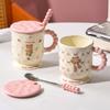 Niedlicher Bärenbecher mit Deckel und Löffel zum Verschenken an die beste Freundin Rosa Mädchen Büroangestellte Tasse Zuhause Frühstückstasse Keramik
