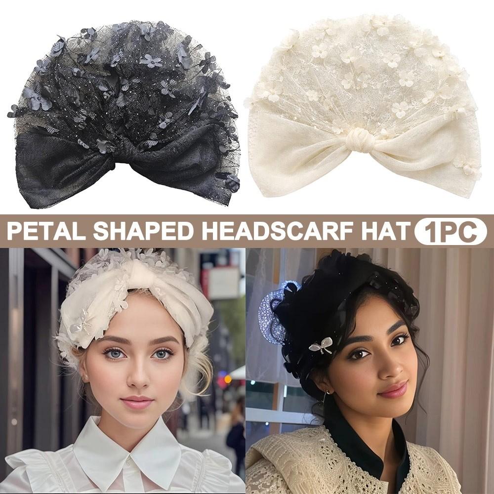 Lace Flower Headscarf Hat Faux Pearl Indian Hat Fashion Bohemian Headscarf Women's Accessory