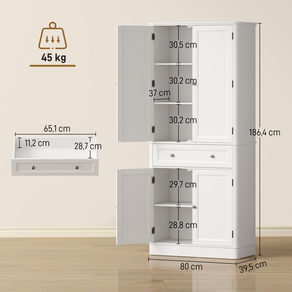 Küchenschrank mit 4 Türen, Schublade und verstellbaren Regalen für die Küche, 80 x 39,5 x 186,4 cm Weiß
