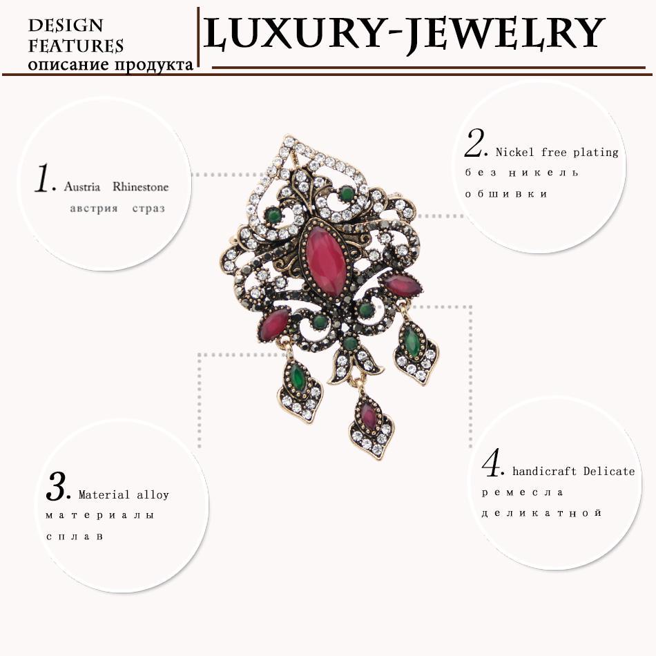 Byzantine Style Women's Resin Vintage Brooch Antique Gold Color Ethnic Wedding Jewelry