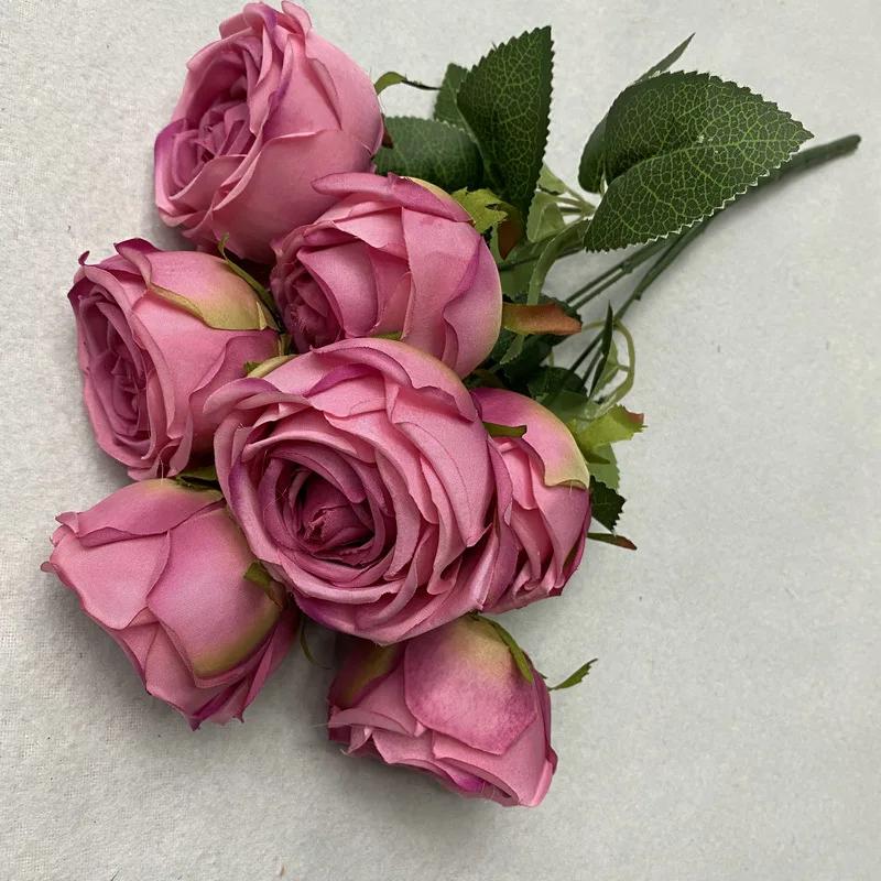 7 Heads Rose Artificial Wedding Home Decoration Brushed Cloth Simulation Rose Bouquet Home Hotel Decoration Fake Flowers