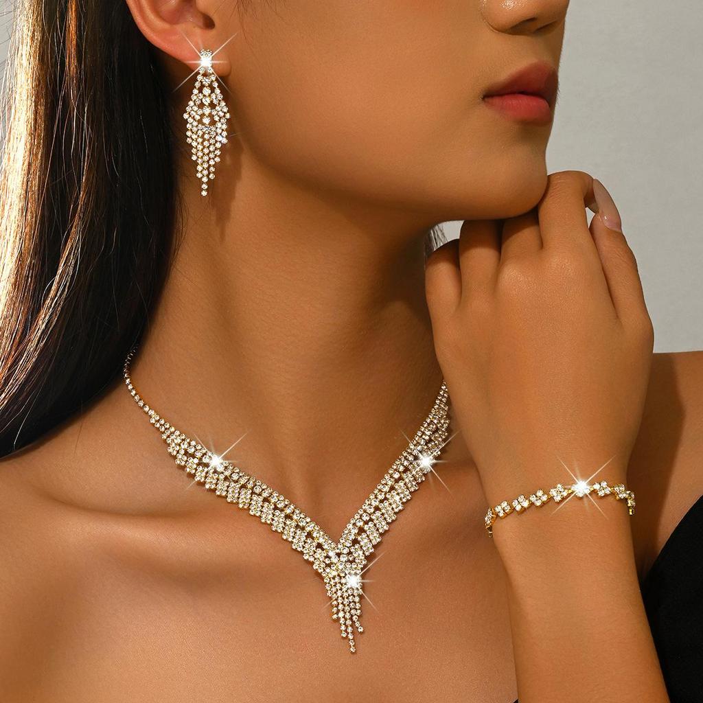 Sparkling Tassel Drop Earrings Statement Necklace Jewelry Set