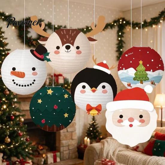 Snowman Ceiling Ornaments 6Pcs Christmas Cartoon Paper Lanterns, Santa Penguin Reindeer Decorative Lantern Sets Hanging Decor for Store Window,