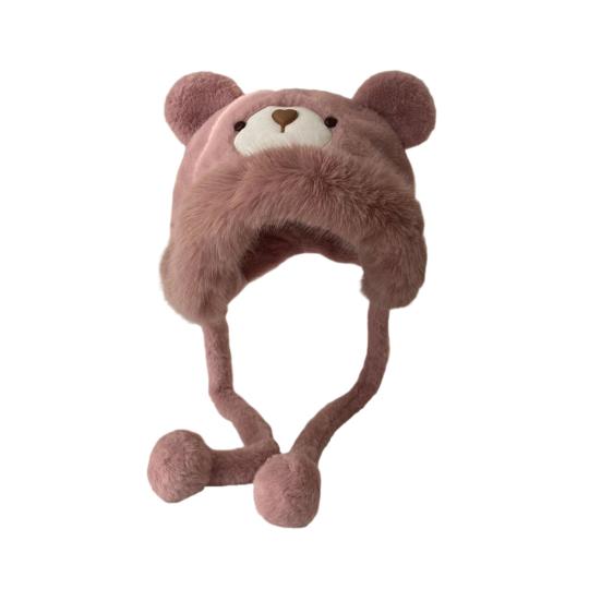 Women Hat Solid Color Thickened Plush Bear Warm Hat