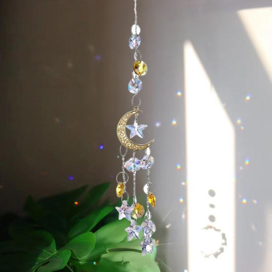 Moon Sun Catcher Prismatic Rainbow Maker Pentagram Beaded Sunlight Catcher Window Hanging Ornament for Bedroom Garden Decor