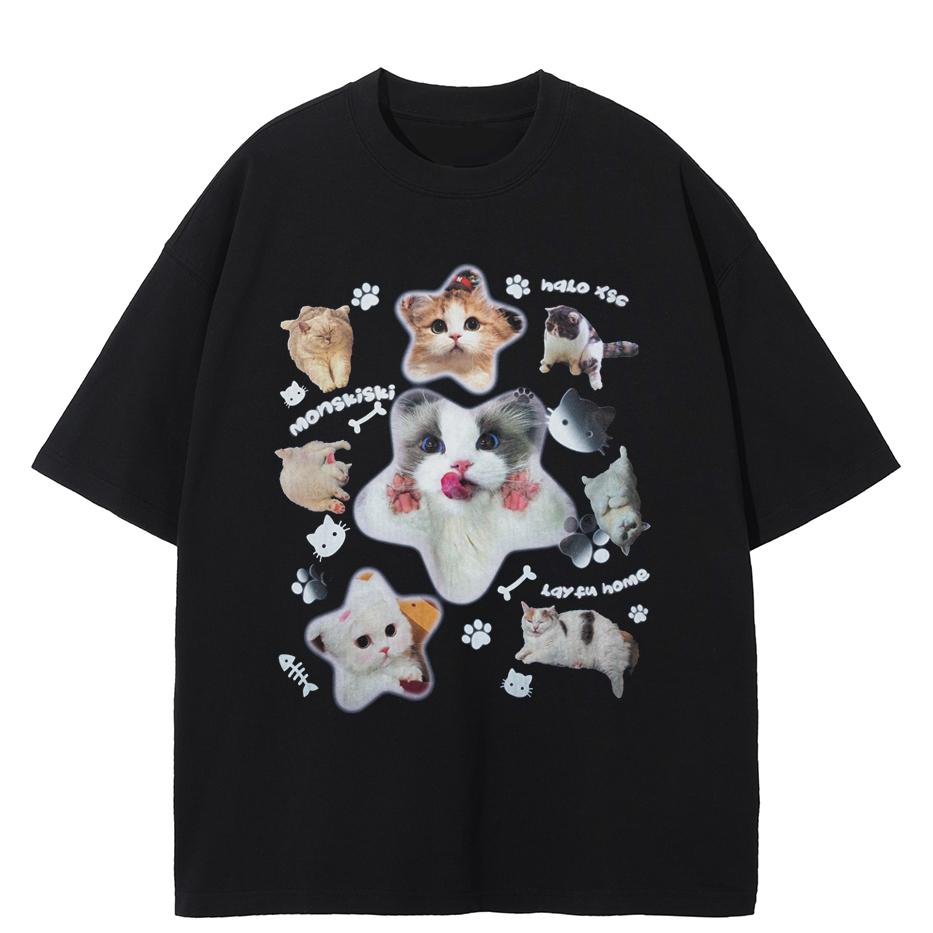 

Вуличний одяг Футболка із зображенням смішних котів Бавовняна футболка Топи унісекс Літні футболки з короткими рукавами 3XL чорний