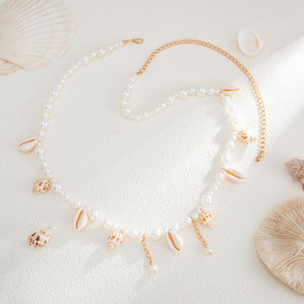 Bohemian Y2k Summer Waist Chain Sea Star Imitation Pearl Shell Waist Link Ocean Beach Bikini Alloy Body Chain for Women Girls