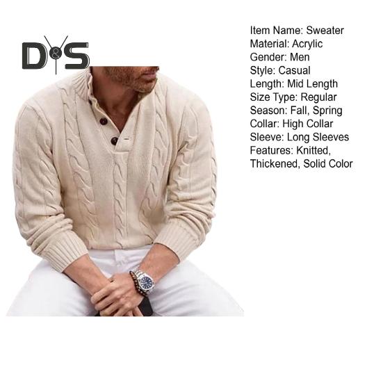 Fall Winter Men Sweater High Collar Neck Protection Buttons Knitted Thickened Pure Color Long Sleeves Pullover English Style Sweater