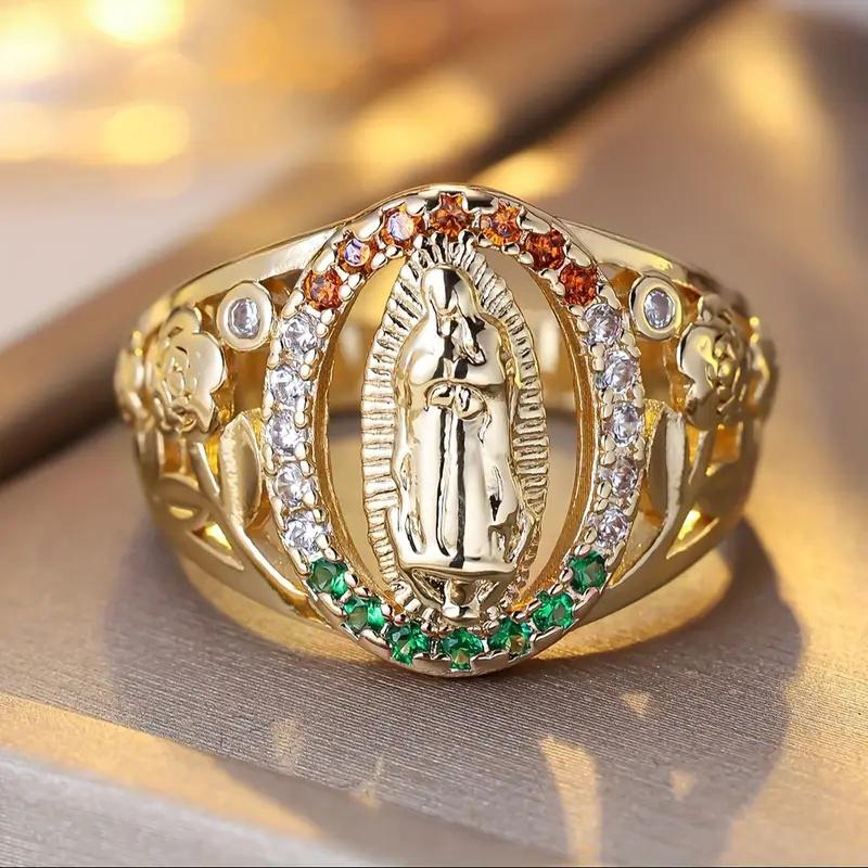Huitan Luxury Gold Color Rings with Colorful CZ Delicate Virgin Mary Design Finger Rings for Women Exquisite Jewelry for Party