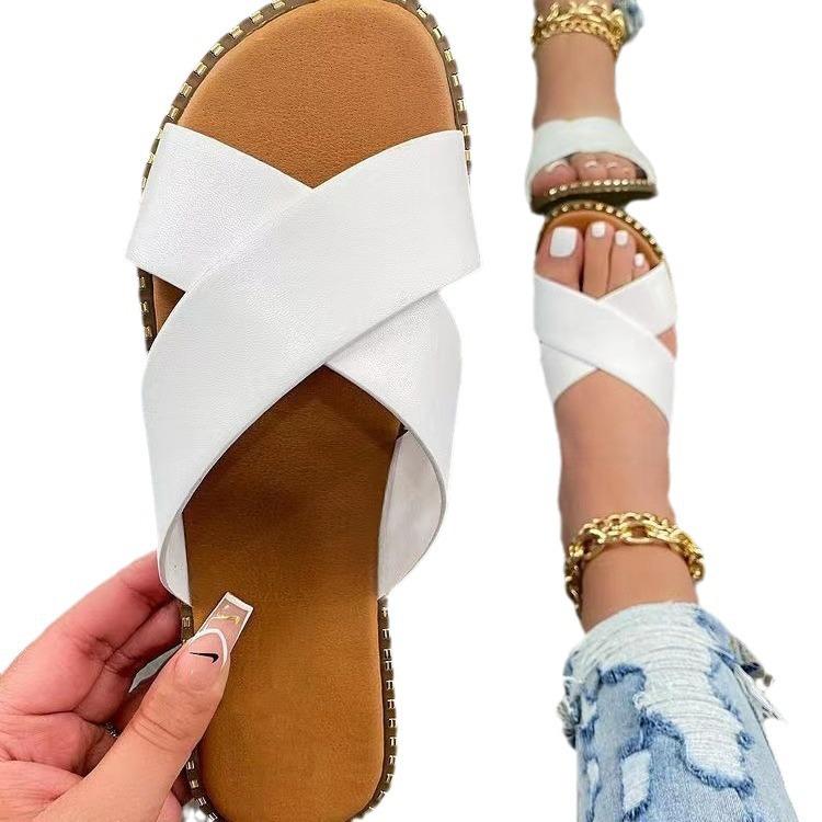 New Large Size Flat Bottom Casual Leopard Print Cross Type Women's Cool Slippers Large Size