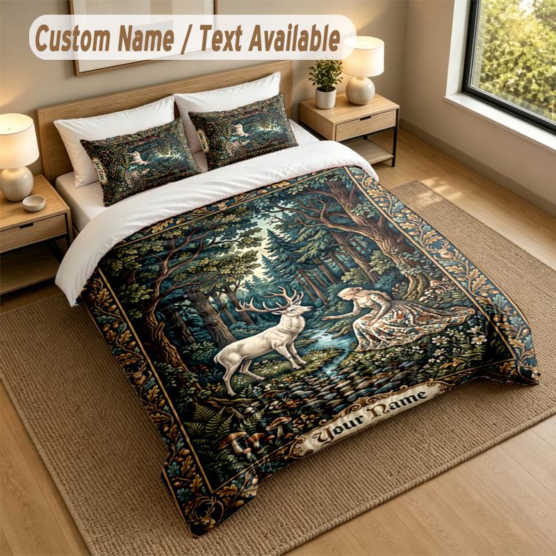 Deer Theme Personalized 3Pcs Bedding Set Custom Text & Name 1 Sheet 2 Pillowcases Household Bedding 1pc