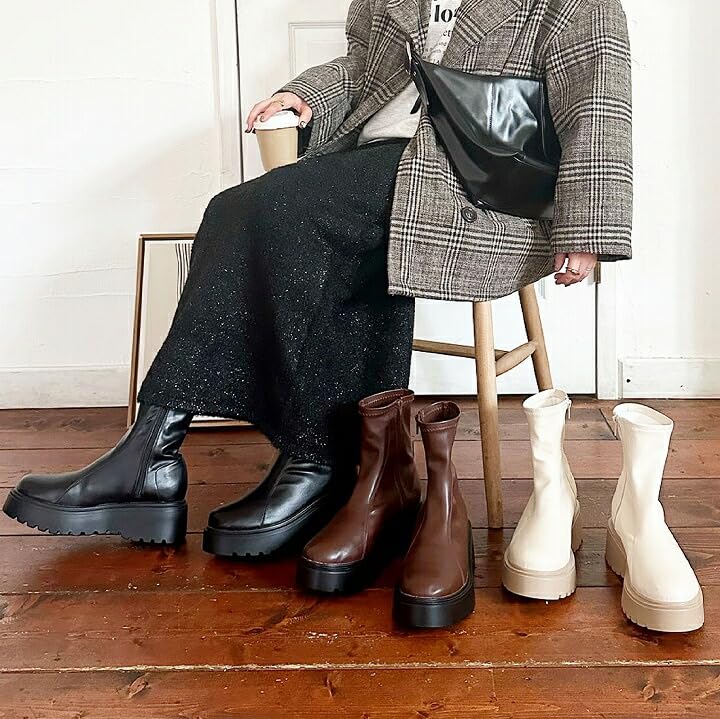 Vivian Tera X Omi Collaboration Short Boots with a Thick, Stretchy Sole, Women's, V6363AW, Dark Brown, Size S (22.0-22.5).