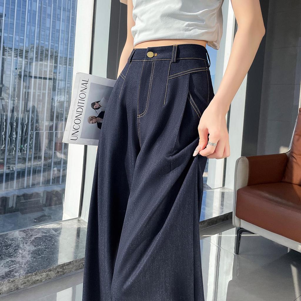 Women's Dark Blue Tencel High-Waisted Slimming Jeans, 2025 Spring/Summer Collection - Straight-Leg, Bright Stitching, Fashionable Draping Design.
