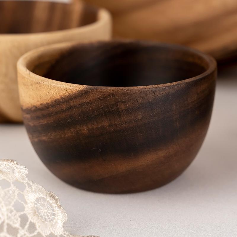 Japanese Style Acacia Wood Bowl Large Solid Whole Wood Flat Instant Noodle Bowl Salad Bowl Fruit Bowl Insulated Rice Bowl Tableware 24cm Acacia Wood