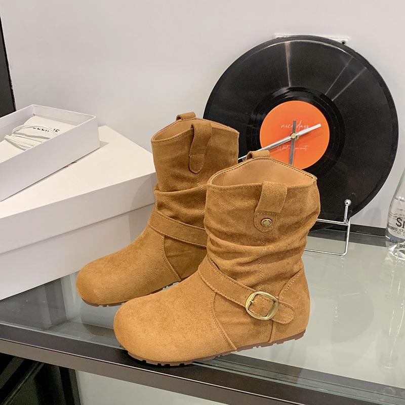 Western Cowboy Boots Martin Boots Women's Shoes Retro Suede Buckle 2025 New Autumn Design Pleated Small Short Boots